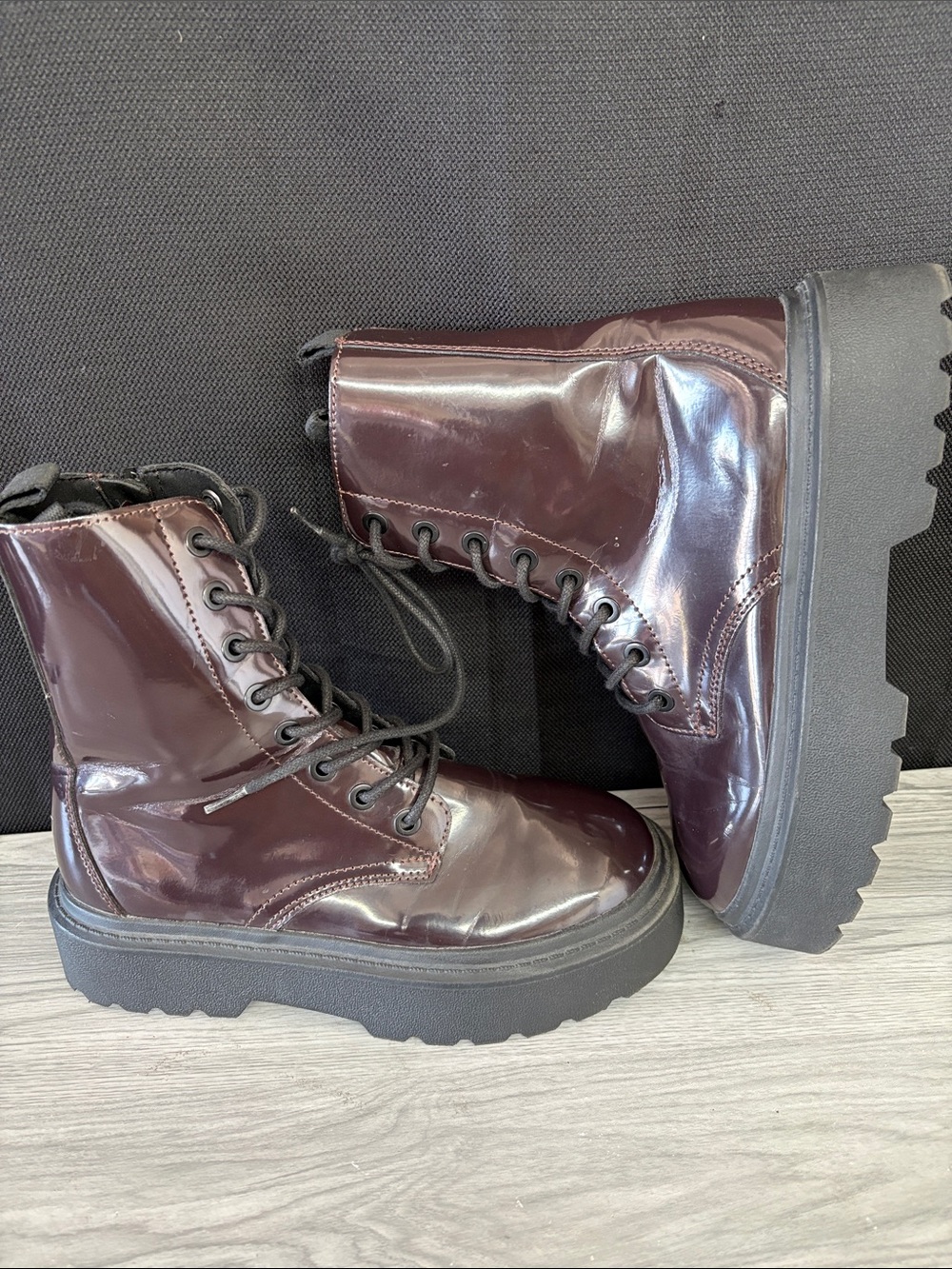 Zara Dark Burgundy Patent Lace-Up Kids Platform Boots